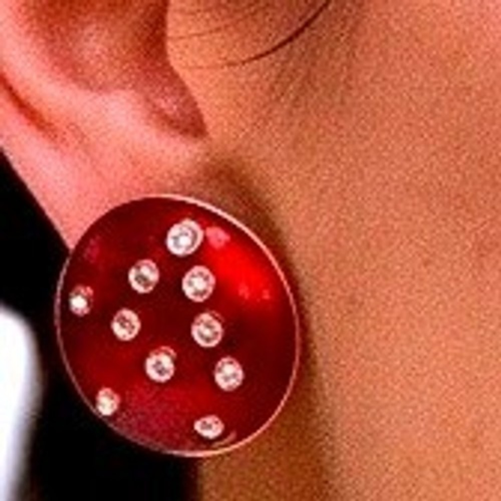 Vtg Sue Ellen Red Guilloche Enamel Crystals Pierced Button Earrings NOS